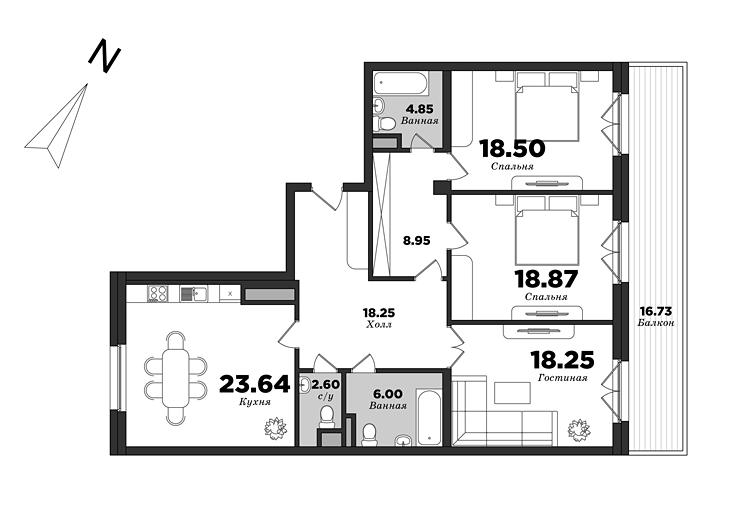 Krestovskiy De Luxe, Building 8, 3 bedrooms, 124.93 m² | planning of elite apartments in St. Petersburg | М16